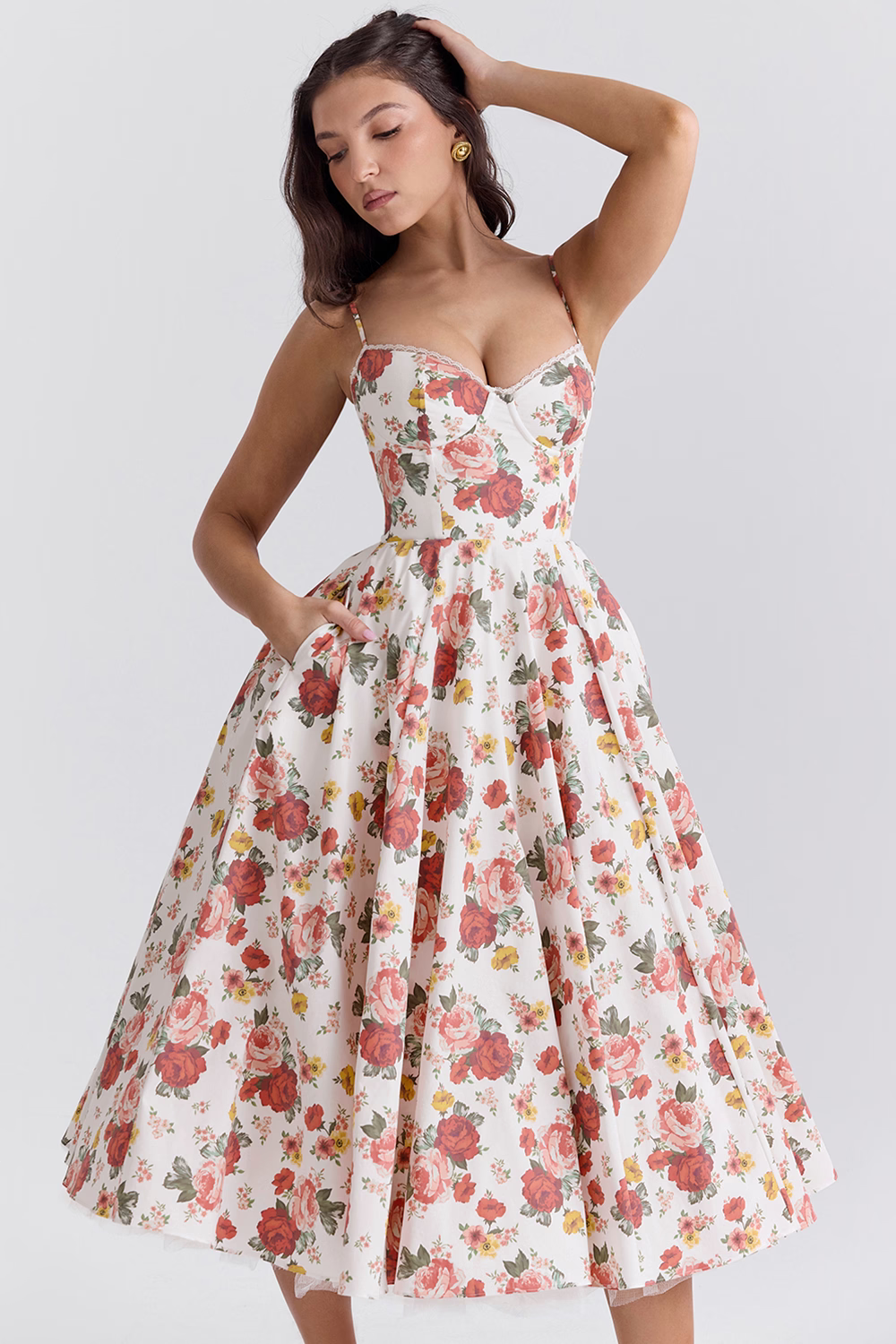 Amarielle | Elegant Midi Dress with A-Line Skirt & Corset Bodice