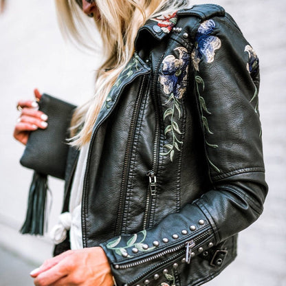 Aveline | Leather Floral Denim Jacket Women