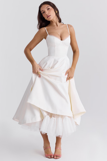 Amarielle | Elegant Midi Dress with A-Line Skirt & Corset Bodice