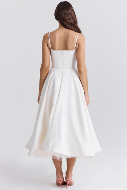 Amarielle | Elegant Midi Dress with A-Line Skirt & Corset Bodice