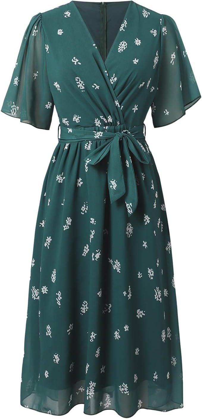 Arianna | Green Midi Dress with White Floral Print