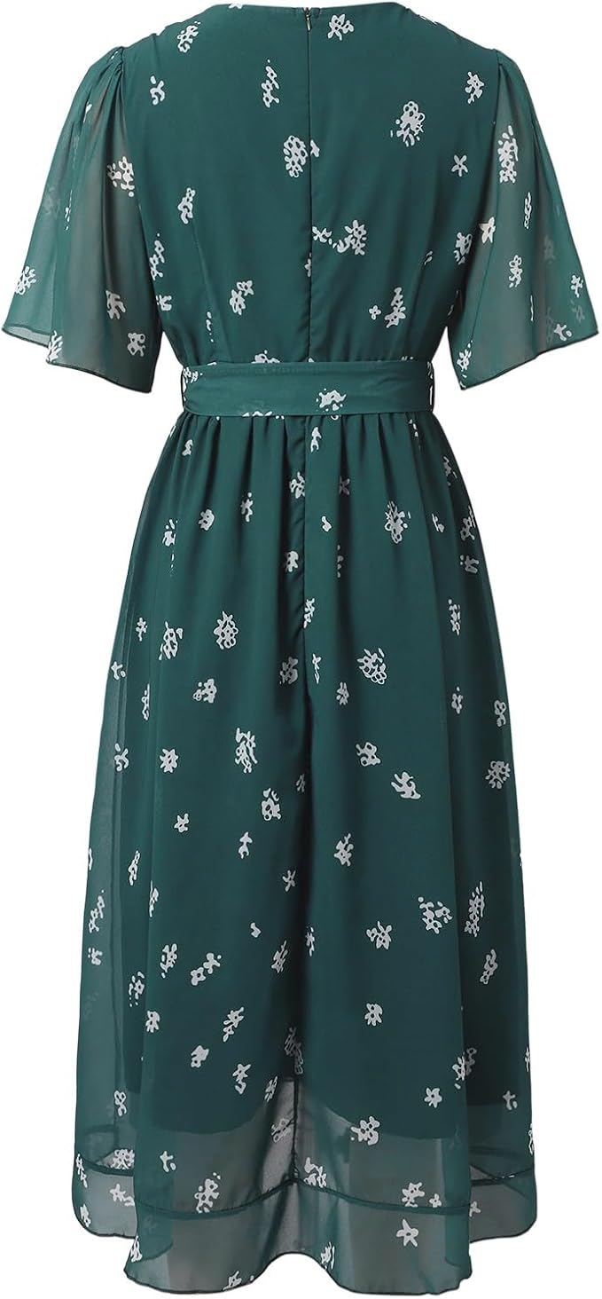 Arianna | Green Midi Dress with White Floral Print