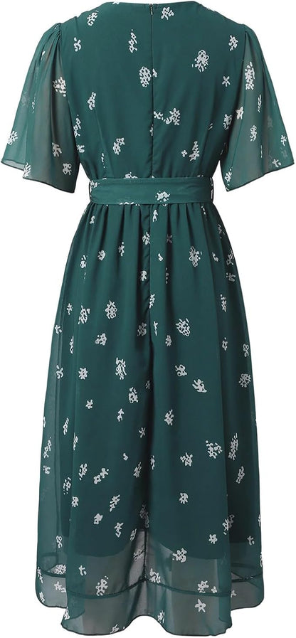 Arianna | Green Midi Dress with White Floral Print
