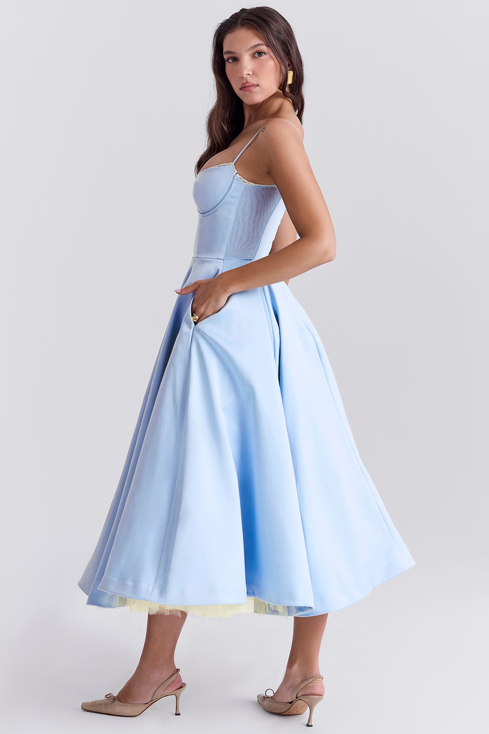 Amarielle | Elegant Midi Dress with A-Line Skirt & Corset Bodice