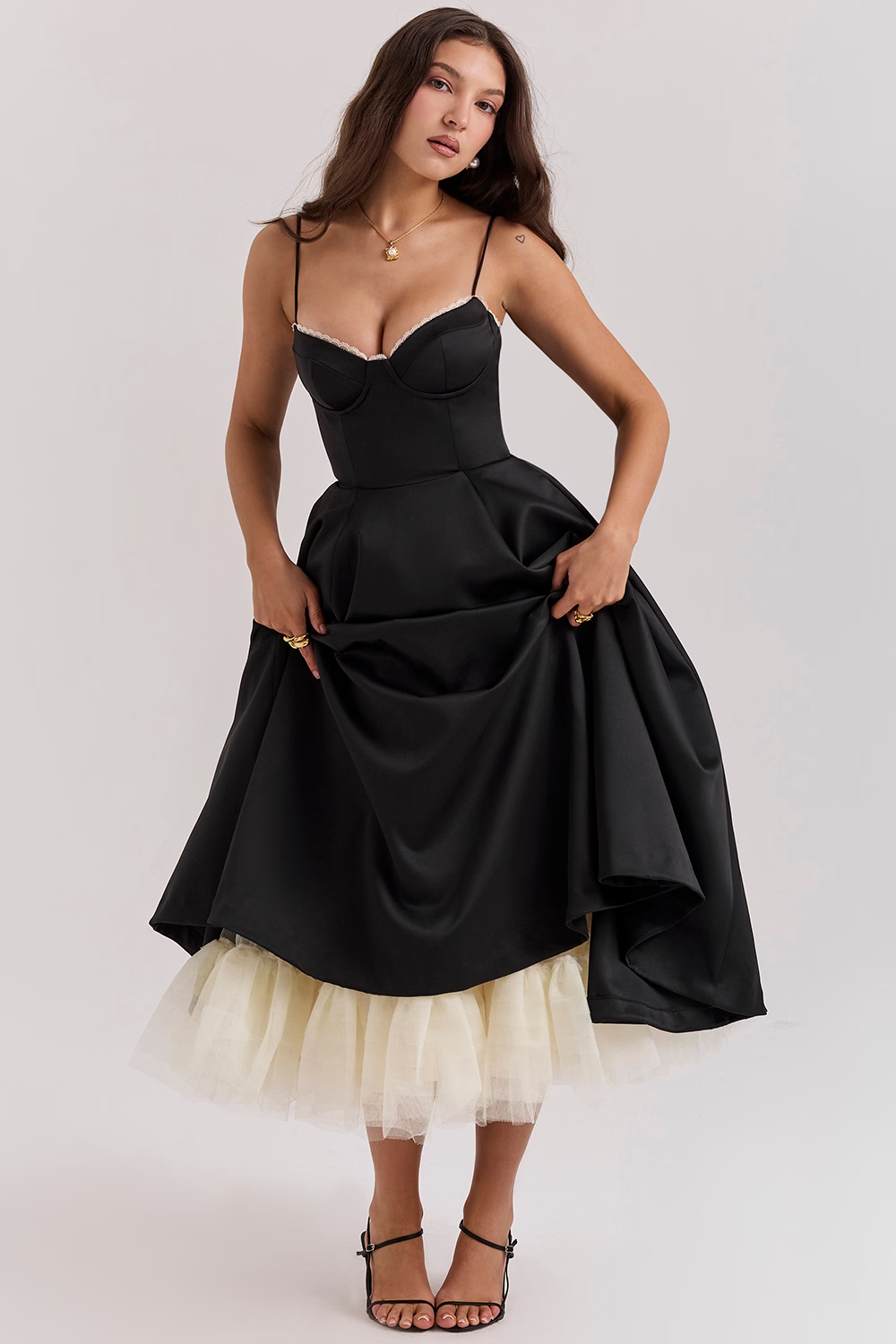 Amarielle | Elegant Midi Dress with A-Line Skirt & Corset Bodice