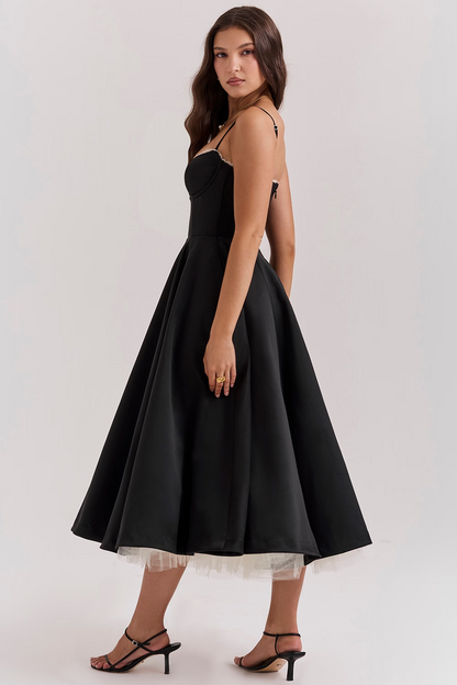 Amarielle | Elegant Midi Dress with A-Line Skirt & Corset Bodice