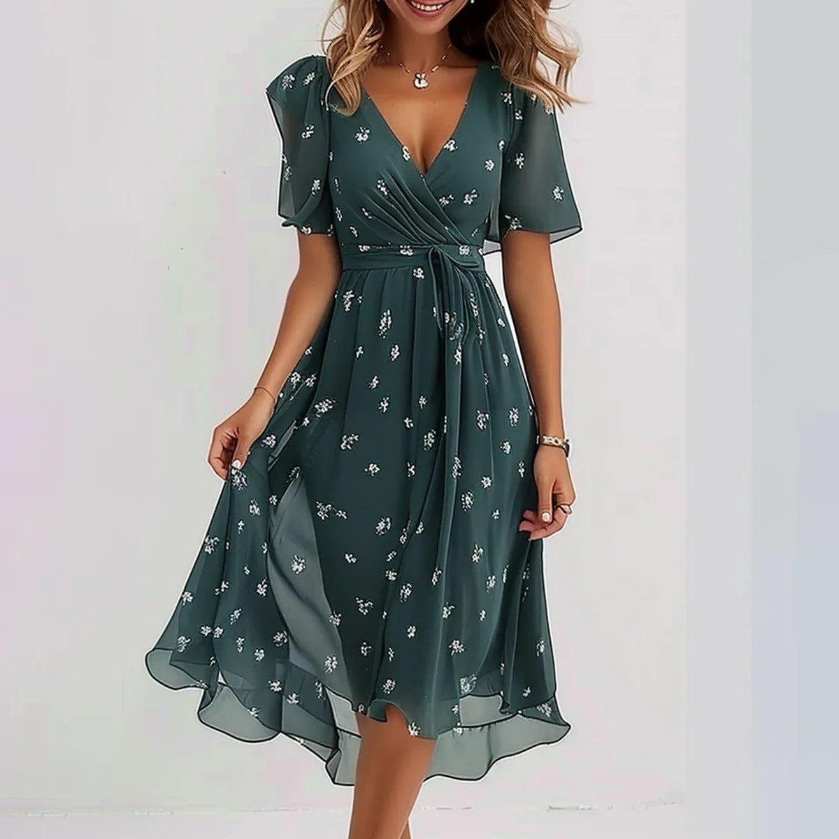 Arianna | Green Midi Dress with White Floral Print