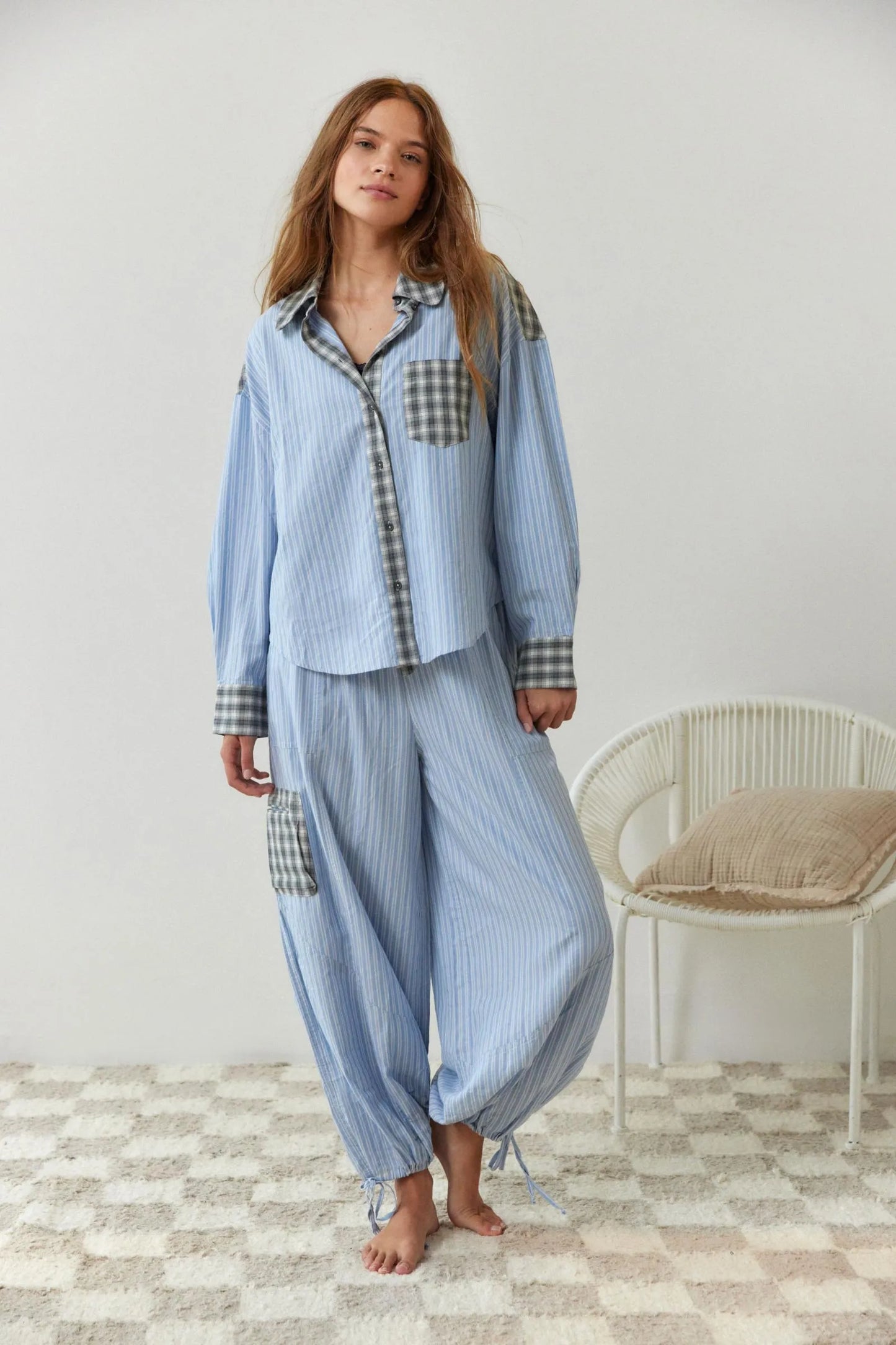 Camille | Cotton Pajama Set with Stripe-Check Mix & Bow Trousers