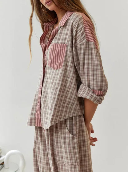 Camille | Cotton Pajama Set with Stripe-Check Mix & Bow Trousers