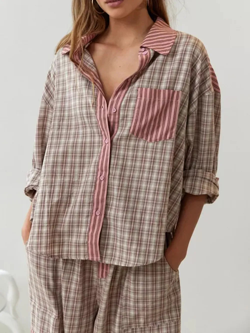Camille | Cotton Pajama Set with Stripe-Check Mix & Bow Trousers