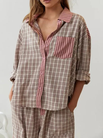 Camille | Cotton Pajama Set with Stripe-Check Mix & Bow Trousers