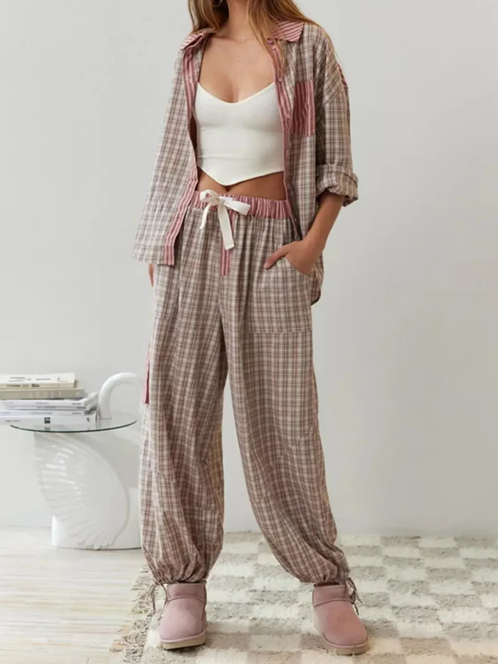 Camille | Cotton Pajama Set with Stripe-Check Mix & Bow Trousers