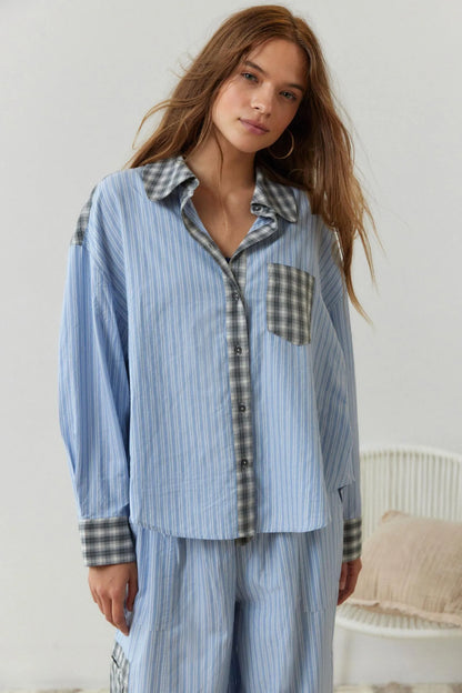 Camille | Cotton Pajama Set with Stripe-Check Mix & Bow Trousers