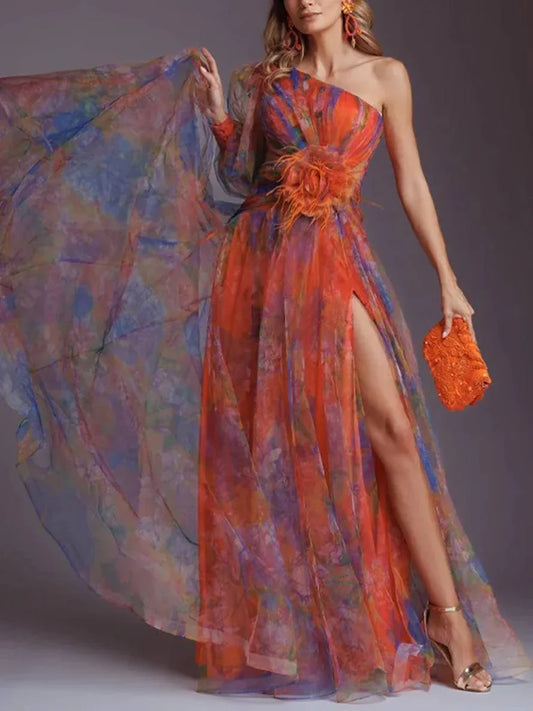 Elvanna | One-Shoulder Chiffon Evening Dress with Floral Detail & High Slit