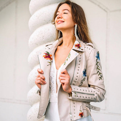 Aveline | Leather Floral Denim Jacket Women