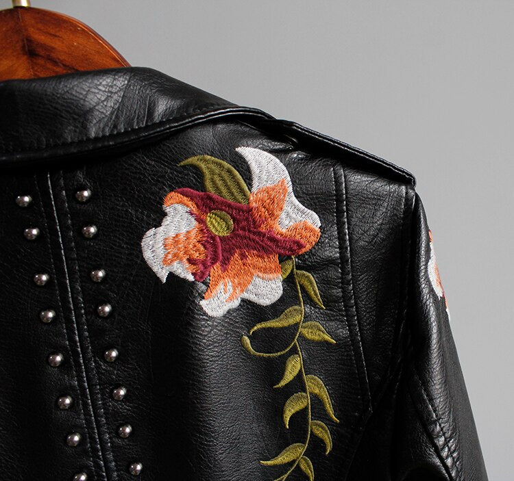 Aveline | Leather Floral Denim Jacket Women