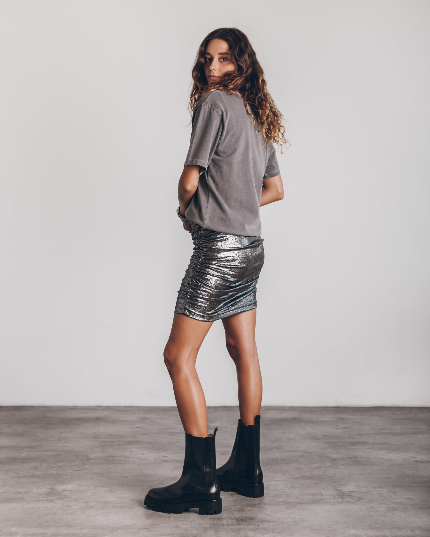 Lunessa | Shiny Metallic Mini Skirt with Ruched Texture