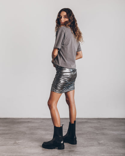 Lunessa | Shiny Metallic Mini Skirt with Ruched Texture