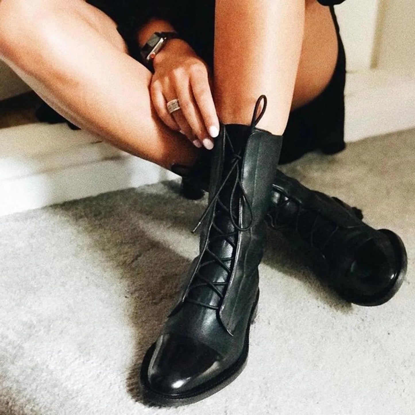 Élodie | Black Leather Lace-Up Boots