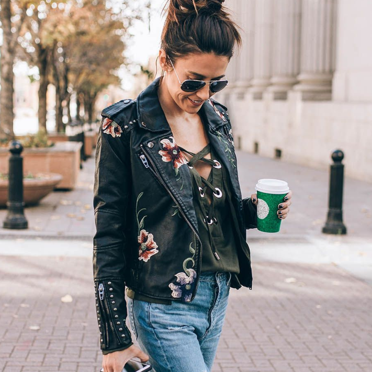 Aveline | Leather Floral Denim Jacket Women