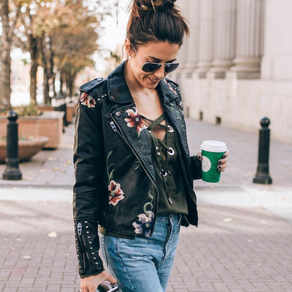 Aveline | Leather Floral Denim Jacket Women