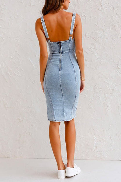 Zayla | Denim Bodycon Dress with Slit & Adjustable Straps – Fitted & Trendy