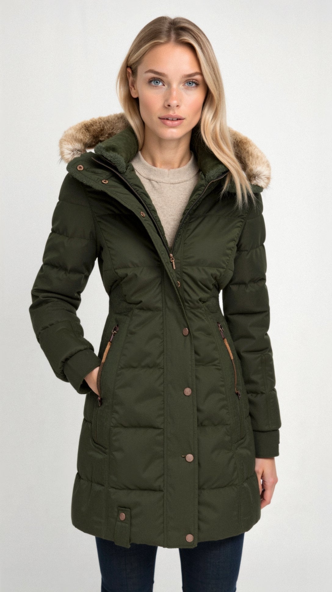 Amaranta | Long Quilted Winter Coat with Hood and Faux Fur