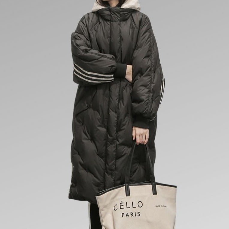 Solène | Long Puffer Winter Coat With Teddy Lining & Sporty Stripes