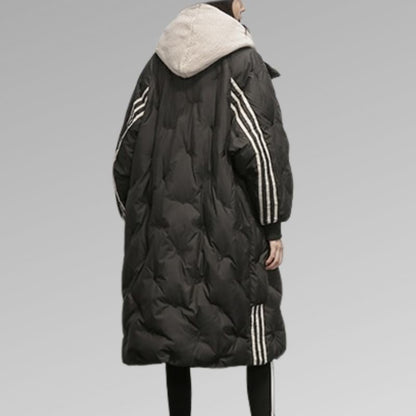 Solène | Long Puffer Winter Coat With Teddy Lining & Sporty Stripes