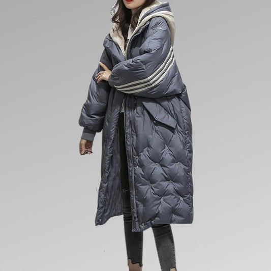 Solène | Long Puffer Winter Coat With Teddy Lining & Sporty Stripes