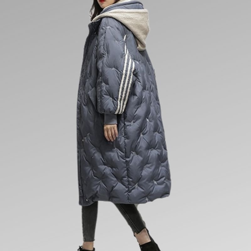 Solène | Long Puffer Winter Coat With Teddy Lining & Sporty Stripes
