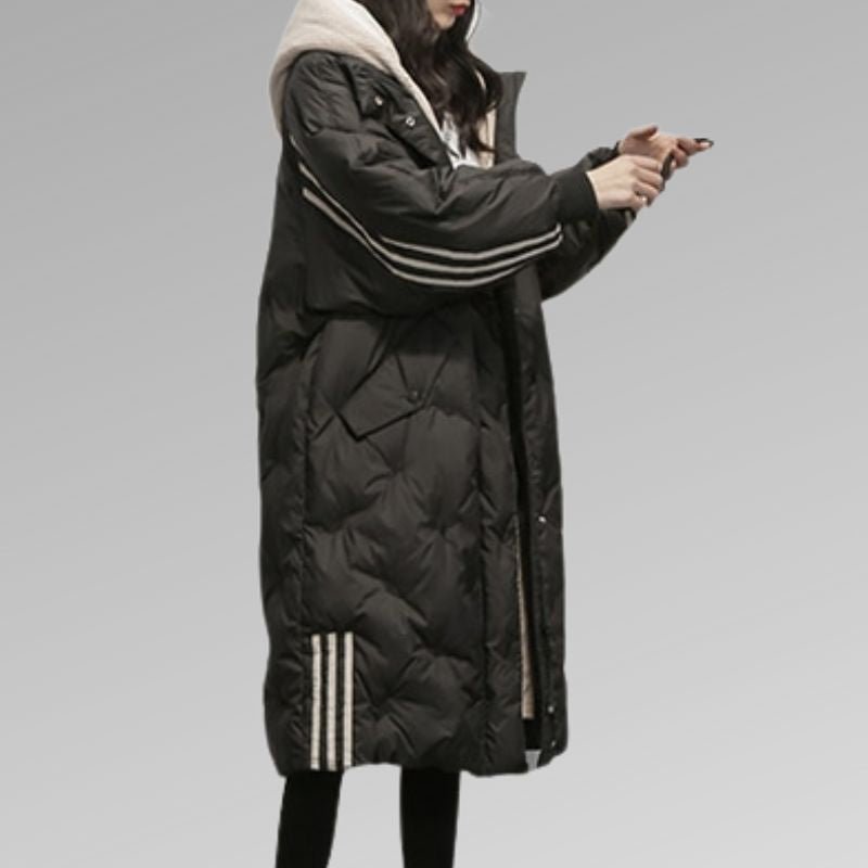 Solène | Long Puffer Winter Coat With Teddy Lining & Sporty Stripes