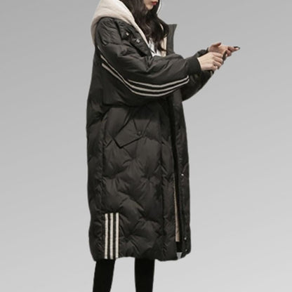 Solène | Long Puffer Winter Coat With Teddy Lining & Sporty Stripes