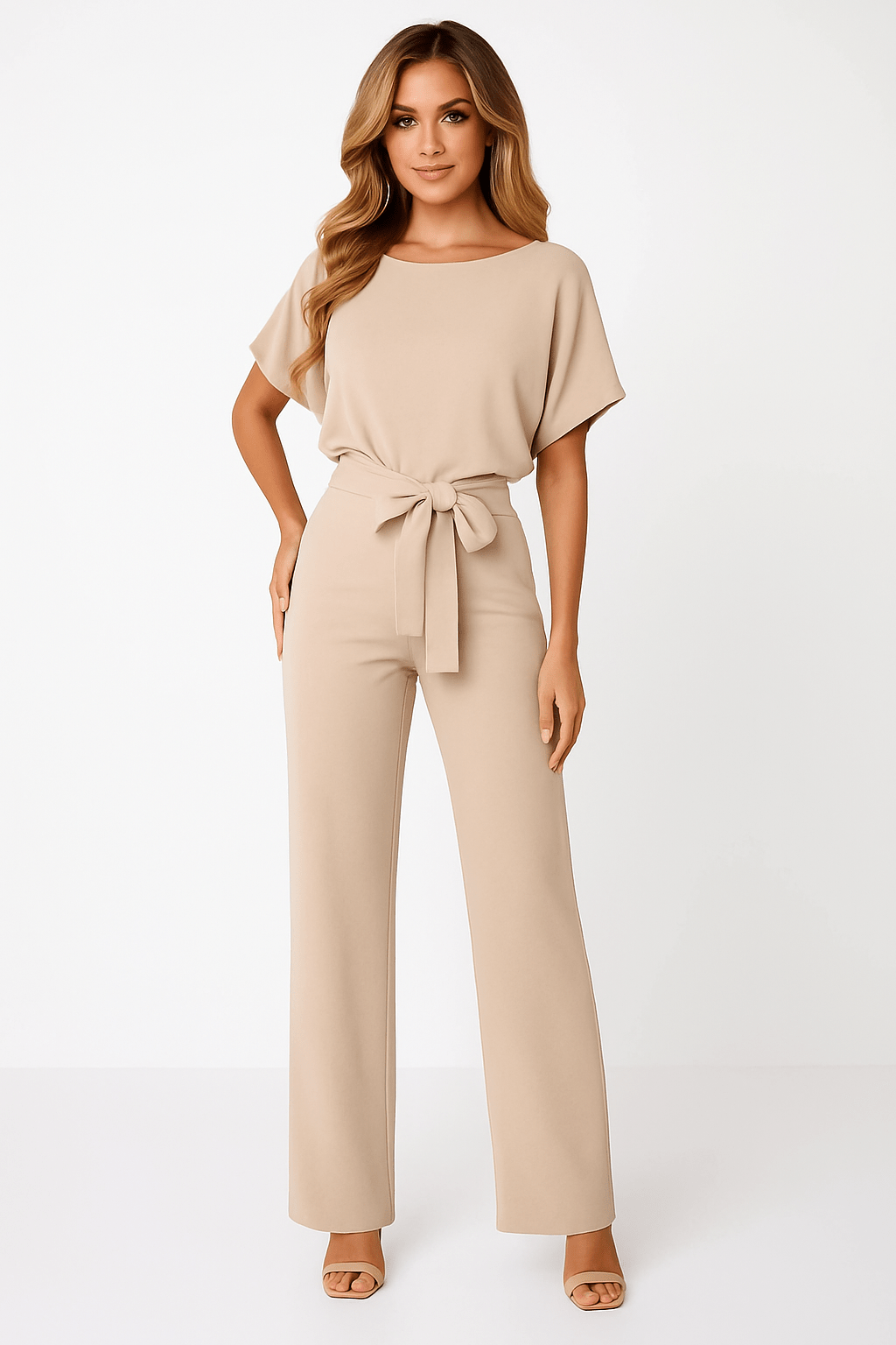 Éliane | Elegant Jumpsuit with Tie Belt and Short Sleeves