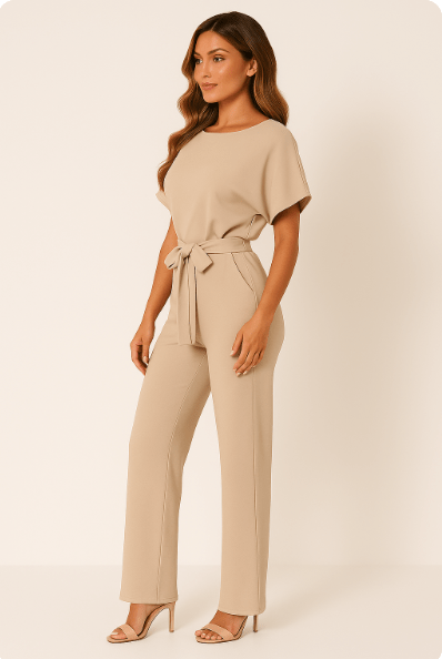 Éliane | Elegant Jumpsuit with Tie Belt and Short Sleeves