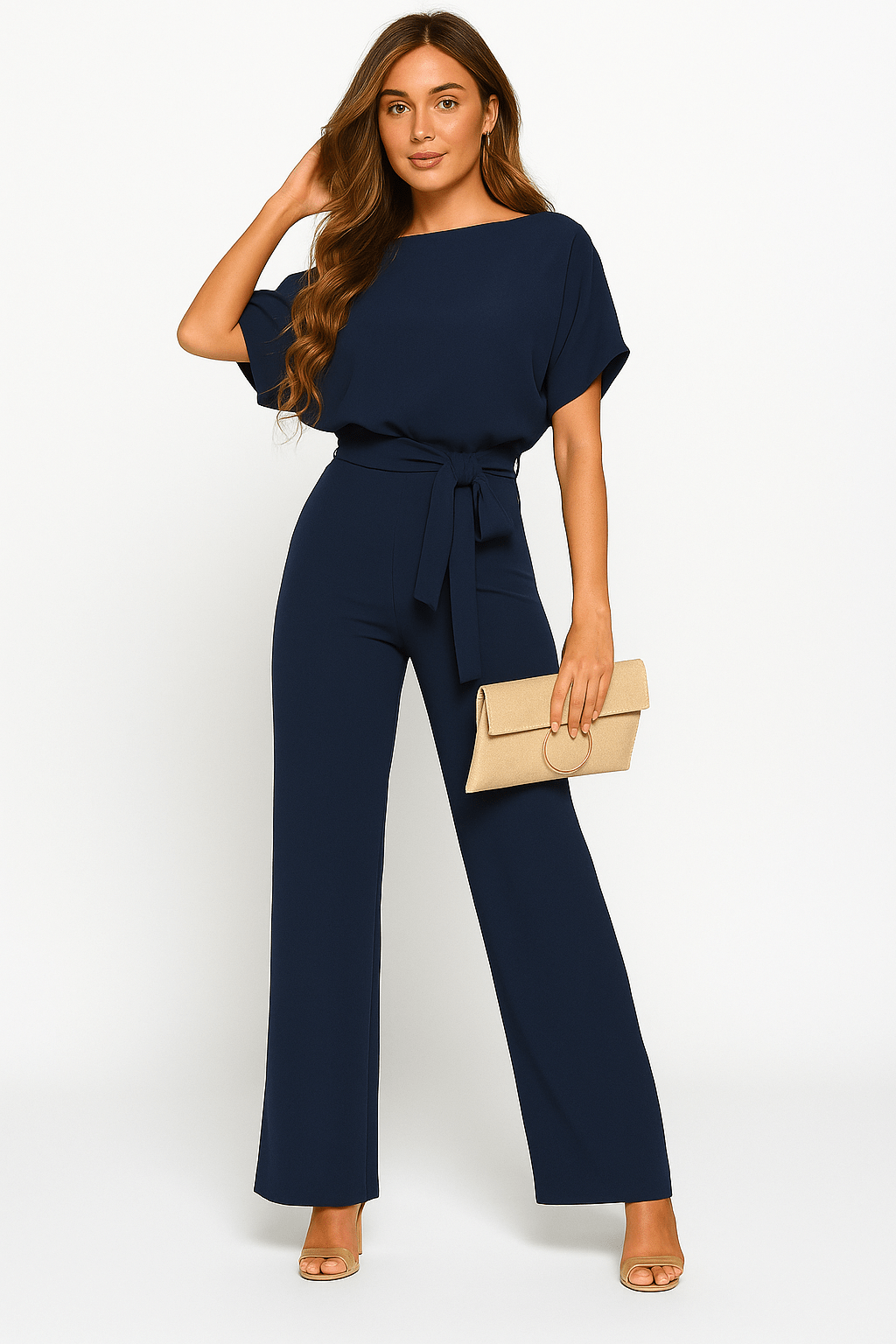 Éliane | Elegant Jumpsuit with Tie Belt and Short Sleeves