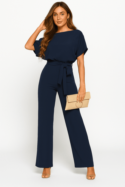 Éliane | Elegant Jumpsuit with Tie Belt and Short Sleeves