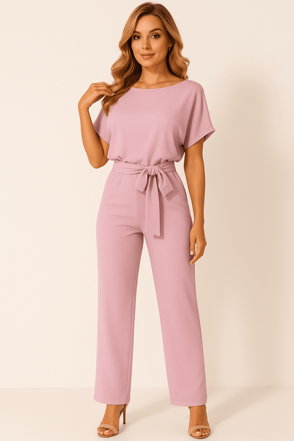 Éliane | Elegant Jumpsuit with Tie Belt and Short Sleeves
