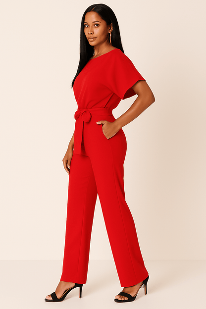 Éliane | Elegant Jumpsuit with Tie Belt and Short Sleeves