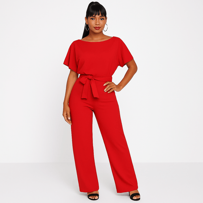 Éliane | Elegant Jumpsuit with Tie Belt and Short Sleeves
