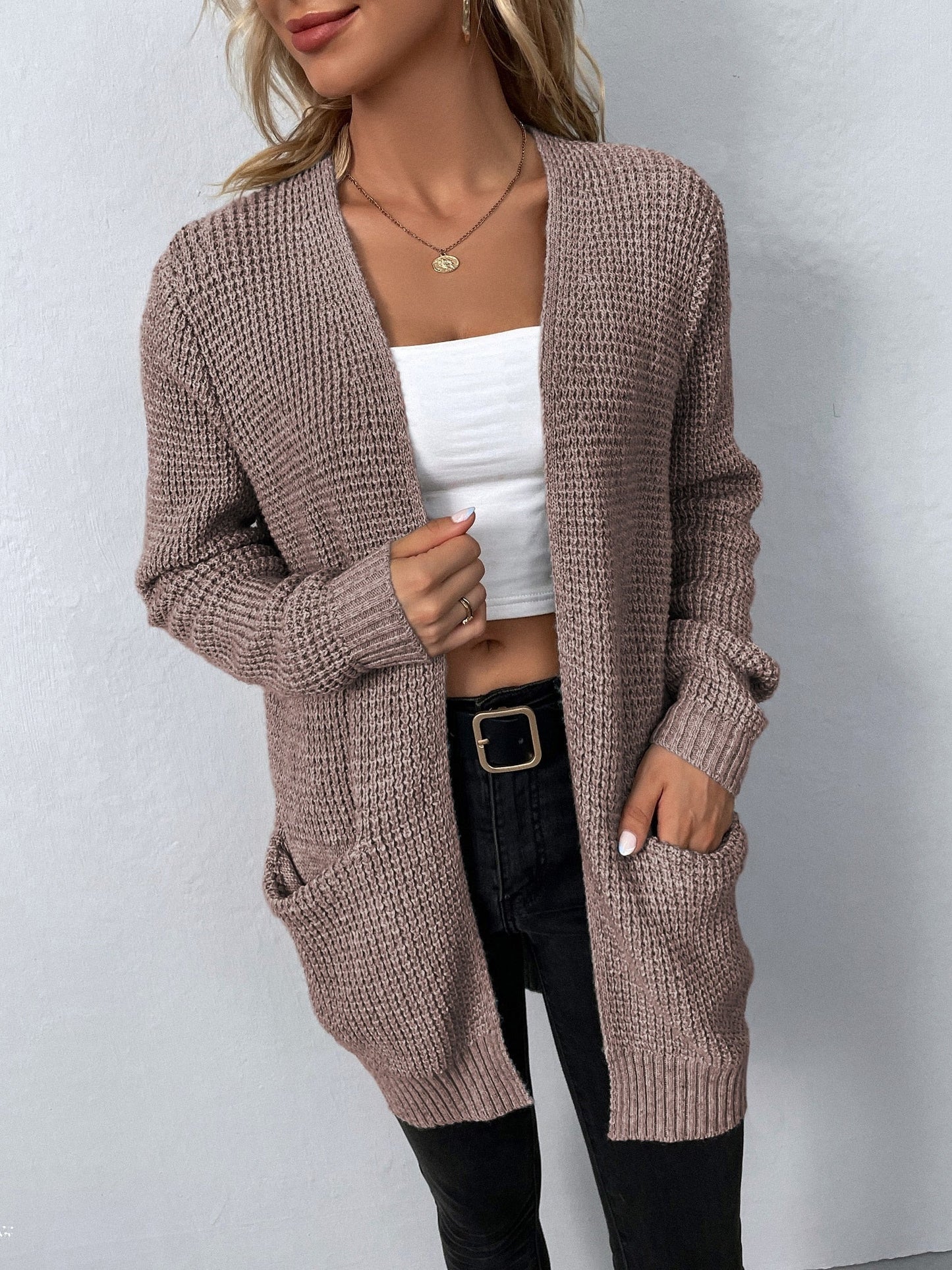 Mireille | Long Chunky Knit Open Cardigan With Pockets