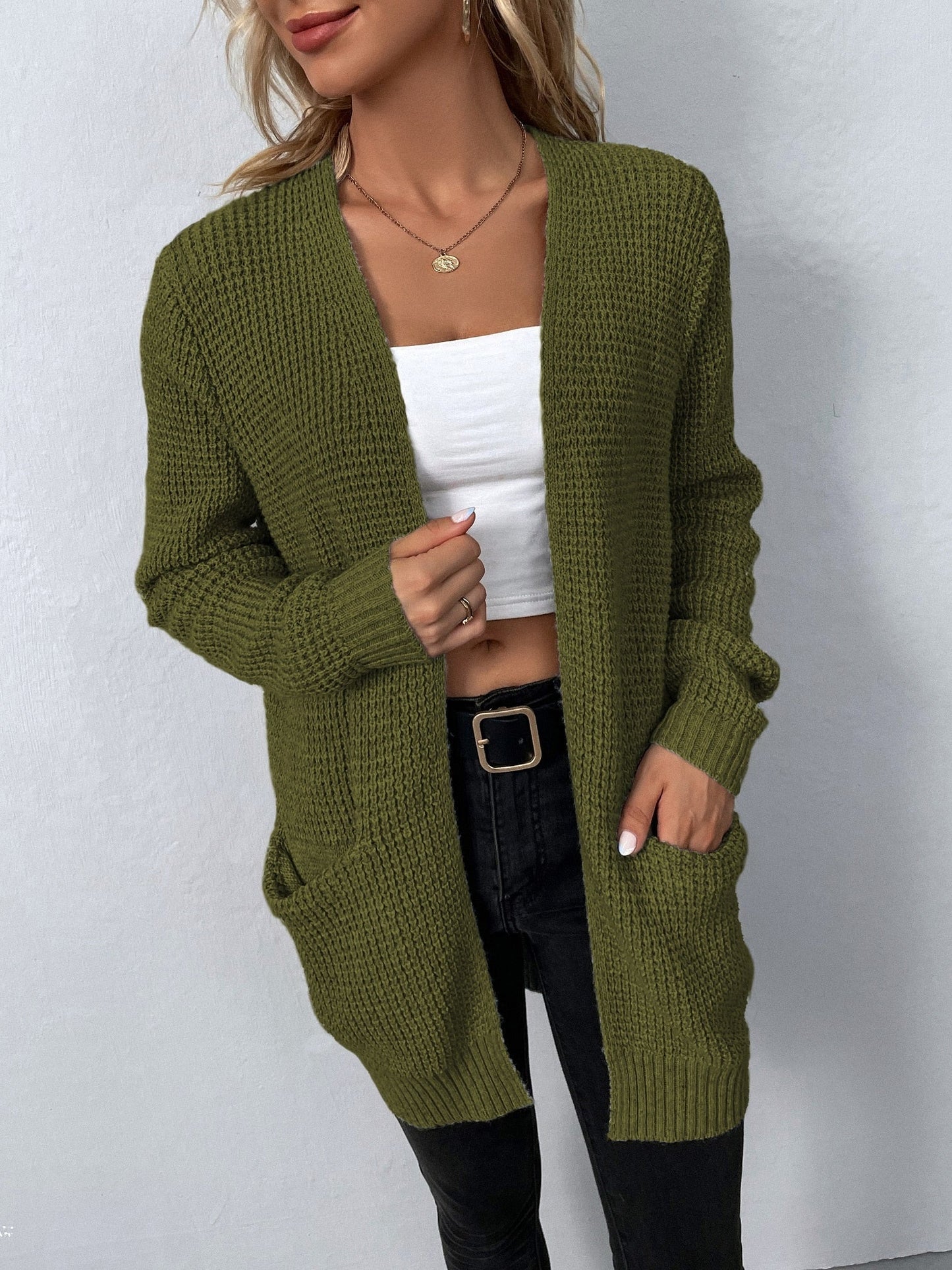 Mireille | Long Chunky Knit Open Cardigan With Pockets