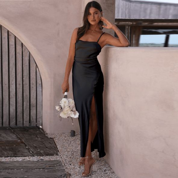 Isadora | Satin-Look Evening Dress with High Slit, Spaghetti Straps and Flowing Skirt
