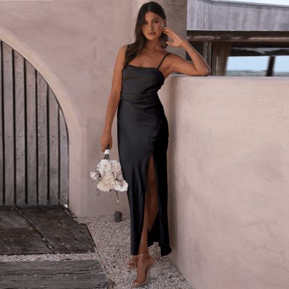 Isadora | Satin-Look Evening Dress with High Slit, Spaghetti Straps and Flowing Skirt