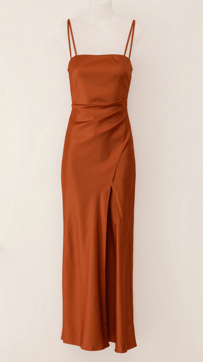Isadora | Satin-Look Evening Dress with High Slit, Spaghetti Straps and Flowing Skirt