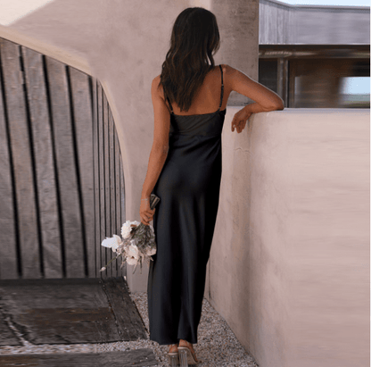 Isadora | Satin-Look Evening Dress with High Slit, Spaghetti Straps and Flowing Skirt