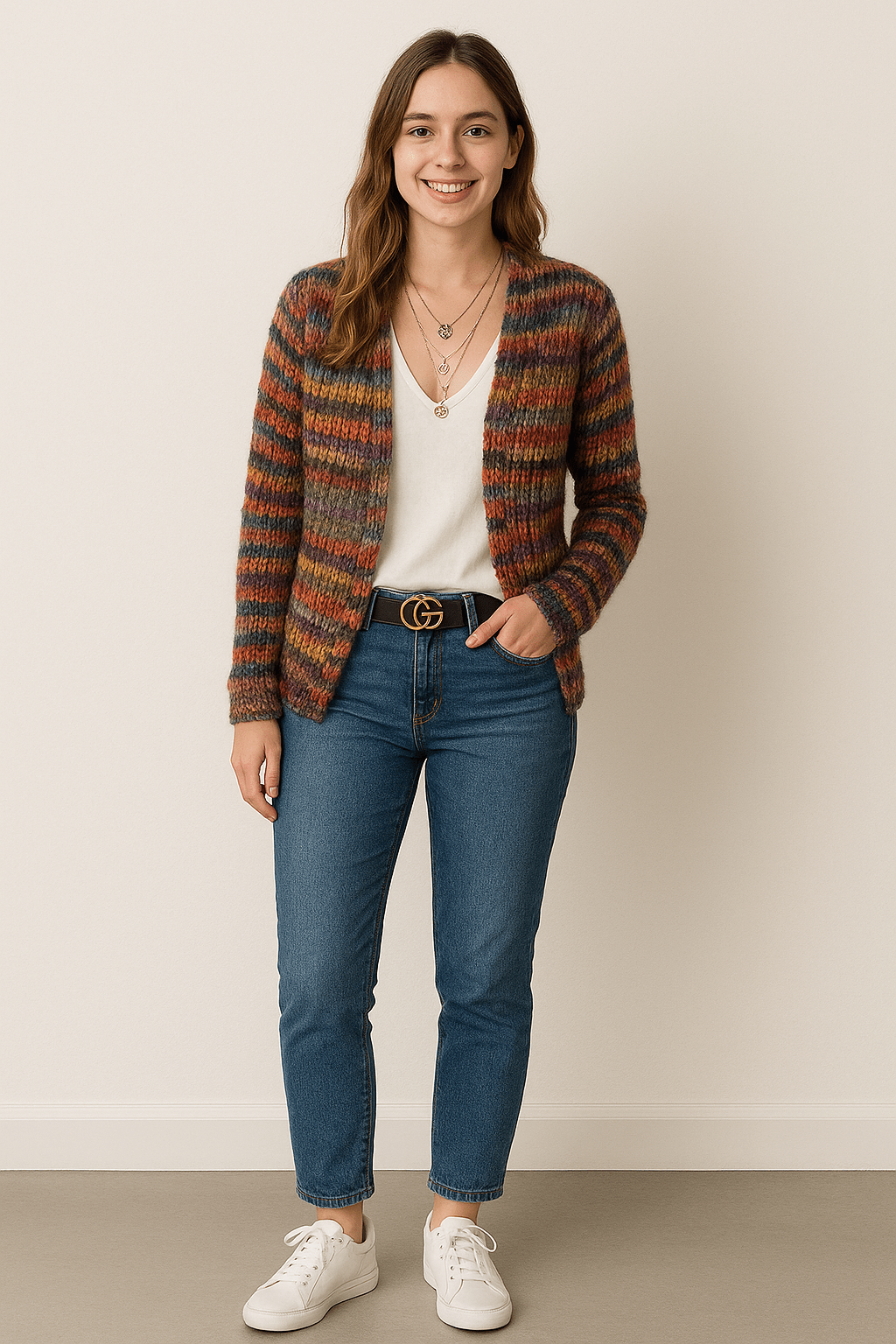 Maribel | Knitted Cardigan with Multicolor Stripes and V-Neck