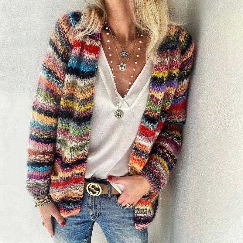 Maribel | Knitted Cardigan with Multicolor Stripes and V-Neck